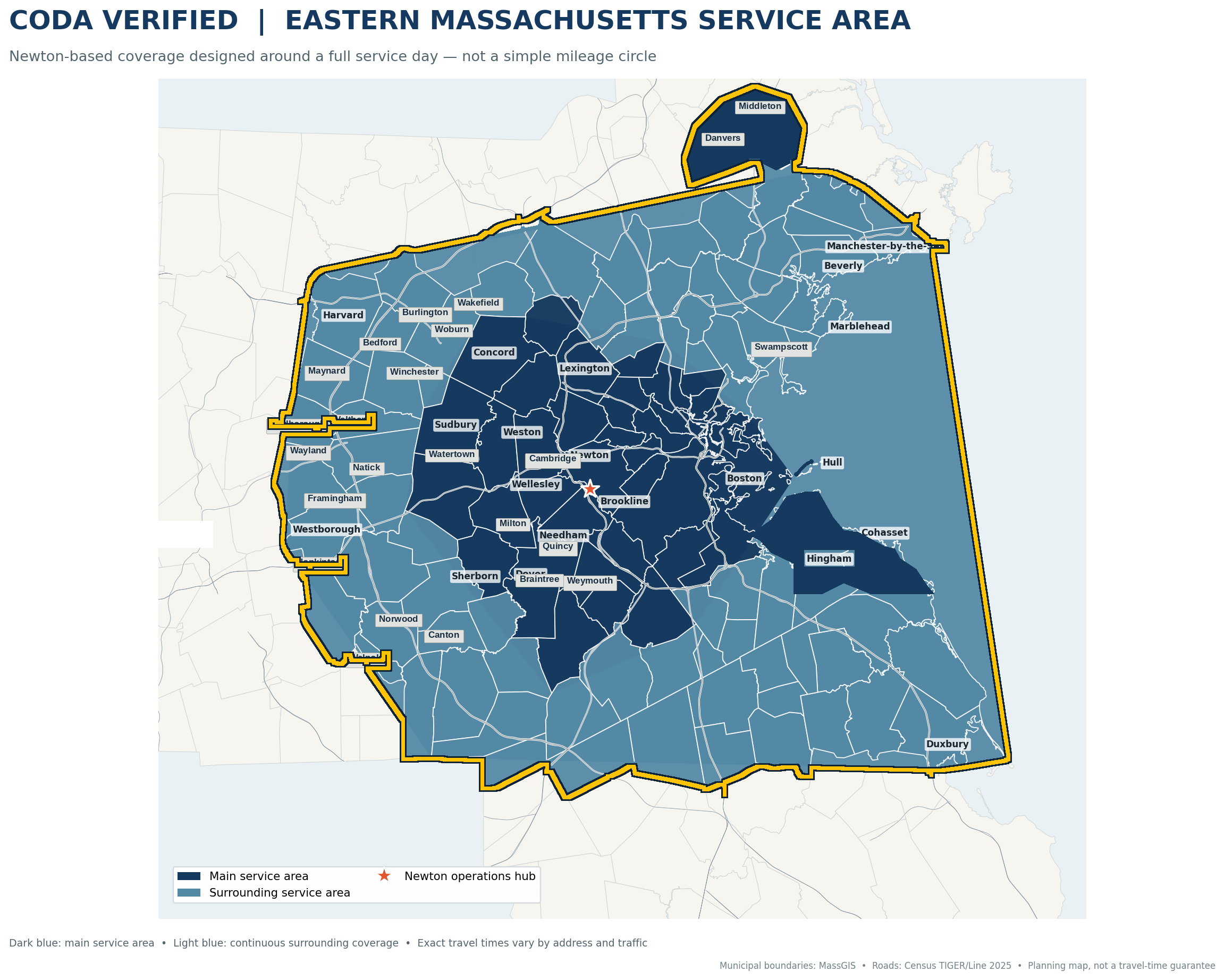 Coda Verified service area map — Eastern Massachusetts